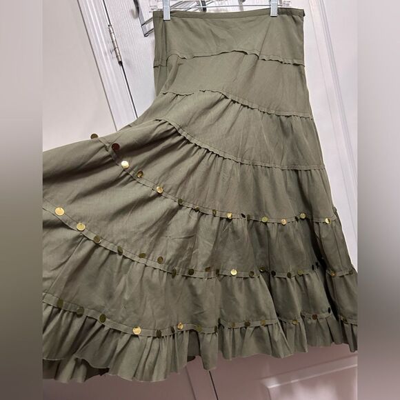 L'Pogee tiered maxi Ruffle Skirt Size medium NWT olive green boho gypsy festival - Picture 4 of 16